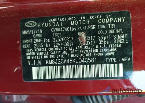 2019 Hyundai Tucson Se z USA, uszkodzony, nr VIN KM8J2CA45KU043581